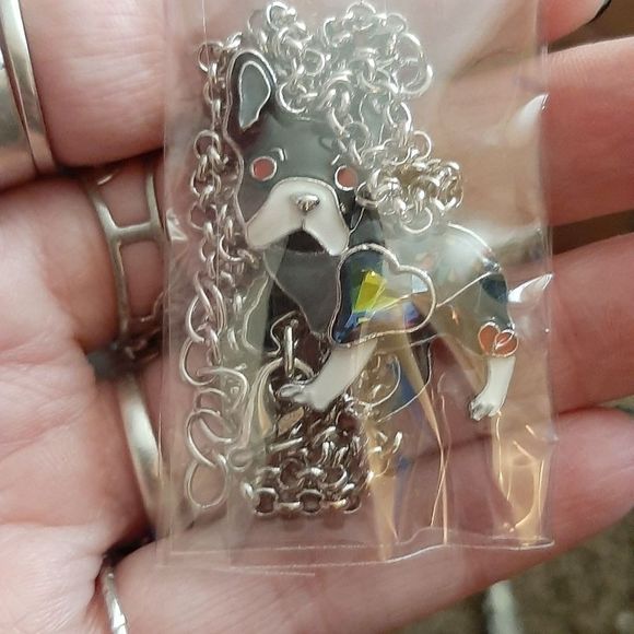 Silver titanium enamel and rainbow crystal French Bulldog boho necklace new - Picture 4 of 5